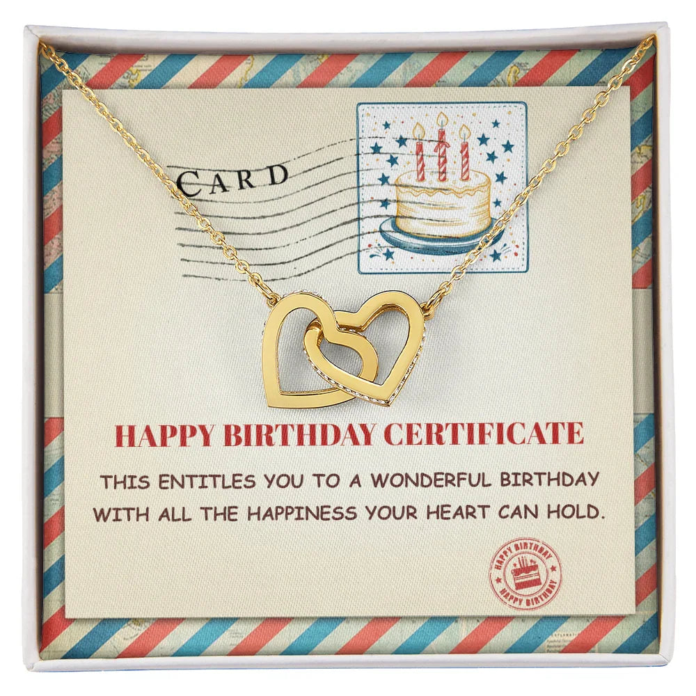 Happy Birthday Personalized Certificate Interlocking Hearts Necklace | Playful Birthday Gift for Her | Fun & Heartfelt Keepsake