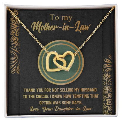 Gift for Mother-in-Law Thank You for Not Selling My Husband to the Circus Cross Interlocking Hearts Necklace - Mallard Moon Gift Shop