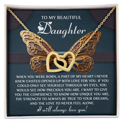 To My Beautiful Daughter- Never Feel Alone - Interlocking Hearts Necklace - Mallard Moon Gift Shop
