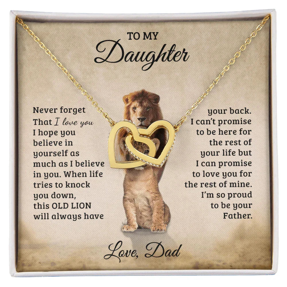 To My Daughter – Interlocking Hearts Necklace Gift from Dad | Old Lion Always Has Your Back | Meaningful Father Daughter Jewelry