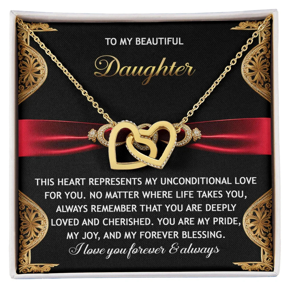 To My Beautiful Daughter - Unconditional Love - Interlocking Hearts Necklace