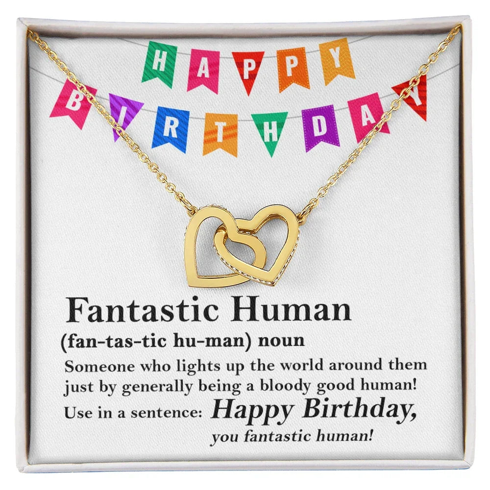 Happy Birthday “Fantastic Human” Interlocking Hearts Necklace | Fun & Heartfelt Birthday Jewelry Gift with Humorous Message Card