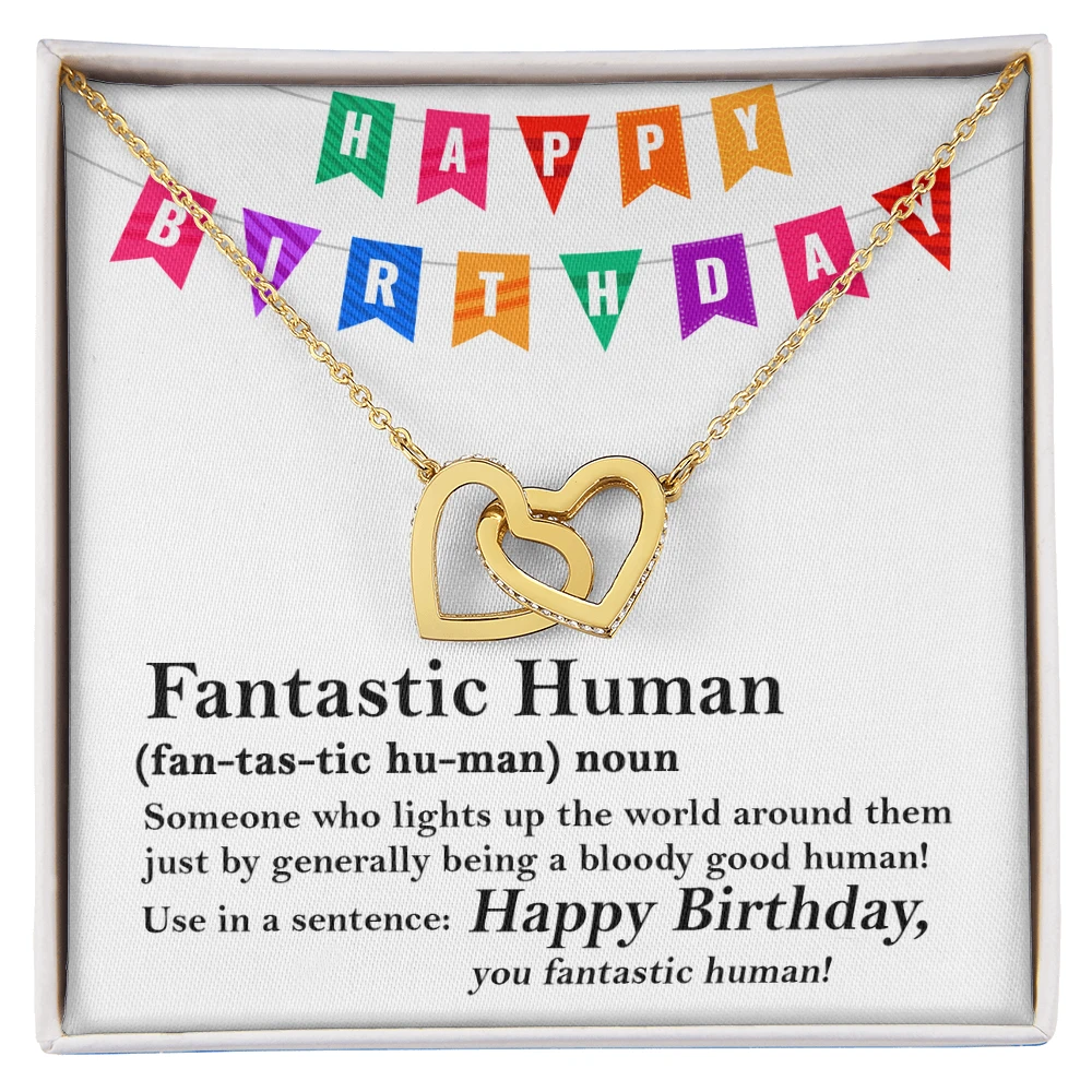 Happy Birthday “Fantastic Human” Interlocking Hearts Necklace | Fun & Heartfelt Birthday Jewelry Gift with Humorous Message Card