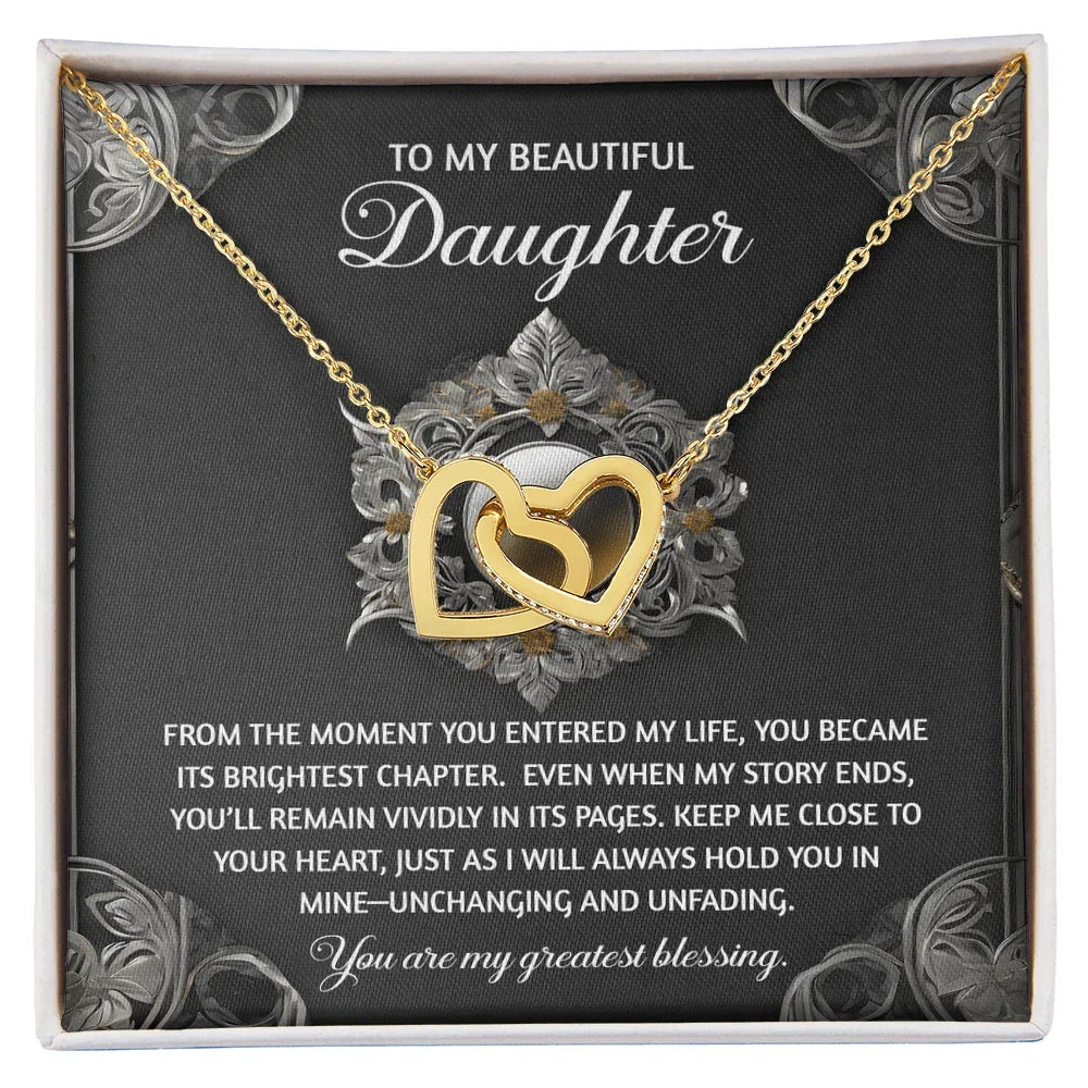 To My Beautiful Daughter - Interlocking Hearts Necklace with Sentimental Message – Birthday, Graduation, Christmas Jewelry – Luxury LED Box Option