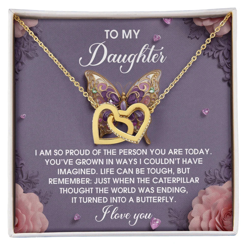 To My Daughter - Interlocking Hearts Necklace – Butterfly Transformation Message – Surgical Steel & Rose Gold Jewelry Gift for Birthday, Graduation, Christmas – Luxury LED Box Option