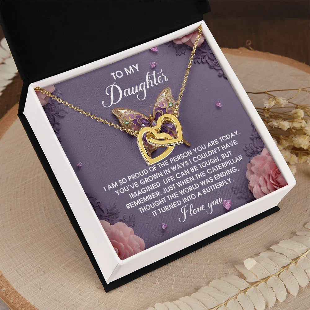 To My Daughter - Interlocking Hearts Necklace – Butterfly Transformation Message – Surgical Steel & Rose Gold Jewelry Gift for Birthday, Graduation, Christmas – Luxury LED Box Option