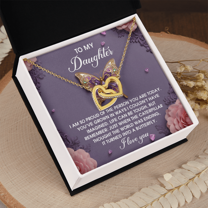 To My Daughter - Interlocking Hearts Necklace – Butterfly Transformation Message – Surgical Steel & Rose Gold Jewelry Gift for Birthday, Graduation, Christmas – Luxury LED Box Option - Mallard Moon Gift Shop