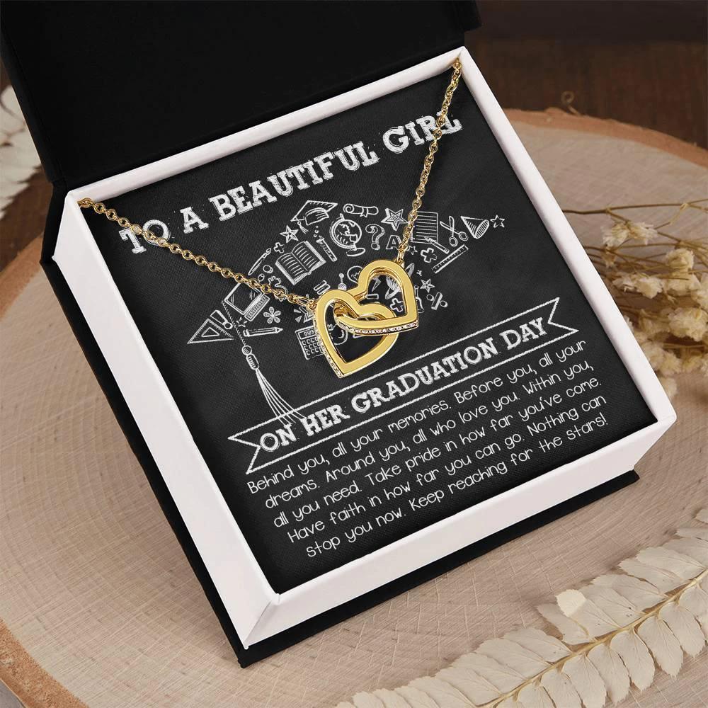 To A Beautiful Girl Graduation Gift Keep Reaching for the Stars Interlocking Hearts Pendant Necklace and Gift Box