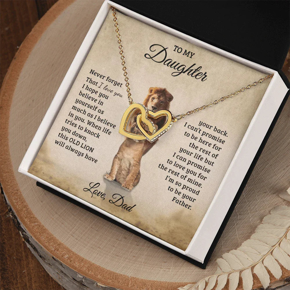 To My Daughter – Interlocking Hearts Necklace Gift from Dad | Old Lion Always Has Your Back | Meaningful Father Daughter Jewelry