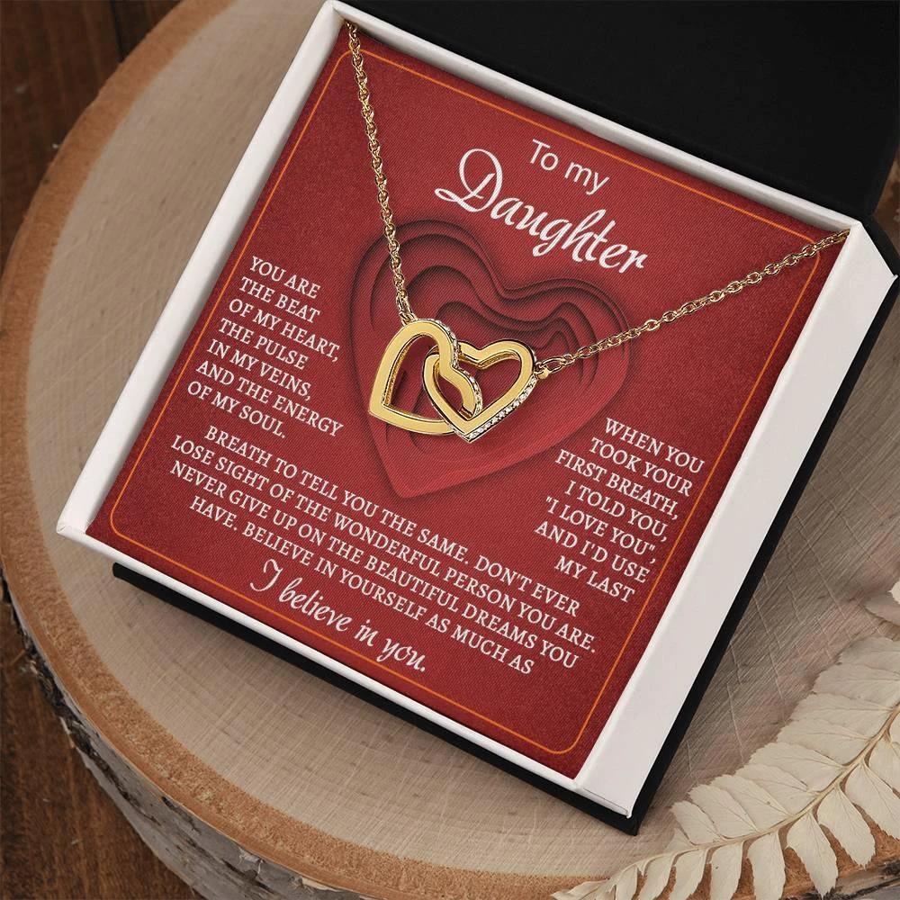 To My Daughter You Are the Beat of My Heart Interlocking Hearts Necklace