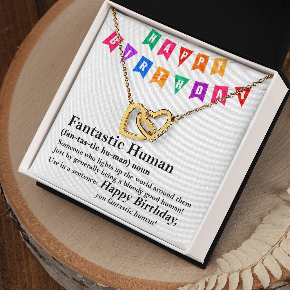 Happy Birthday “Fantastic Human” Interlocking Hearts Necklace | Fun & Heartfelt Birthday Jewelry Gift with Humorous Message Card
