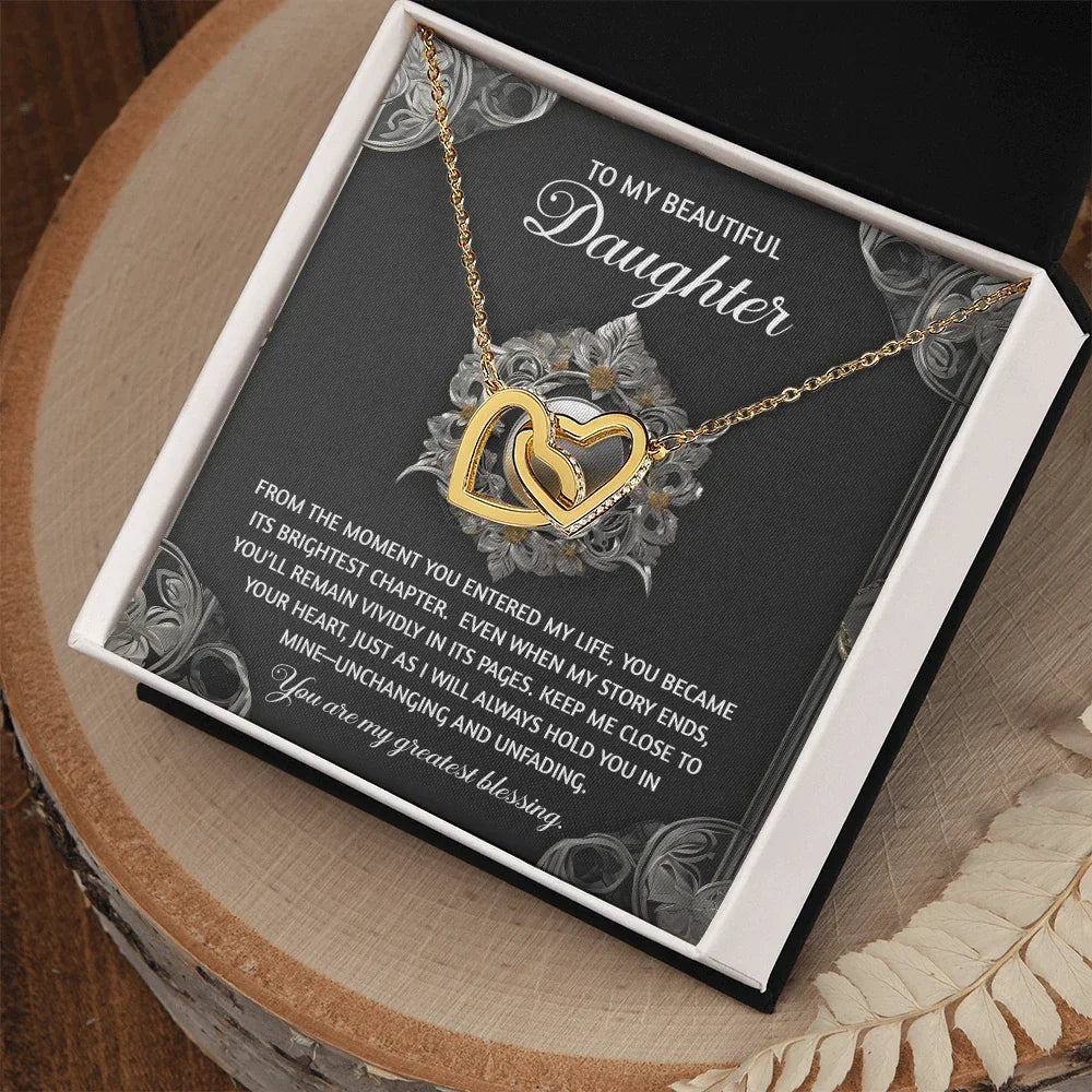 To My Beautiful Daughter - Interlocking Hearts Necklace with Sentimental Message – Birthday, Graduation, Christmas Jewelry – Luxury LED Box Option