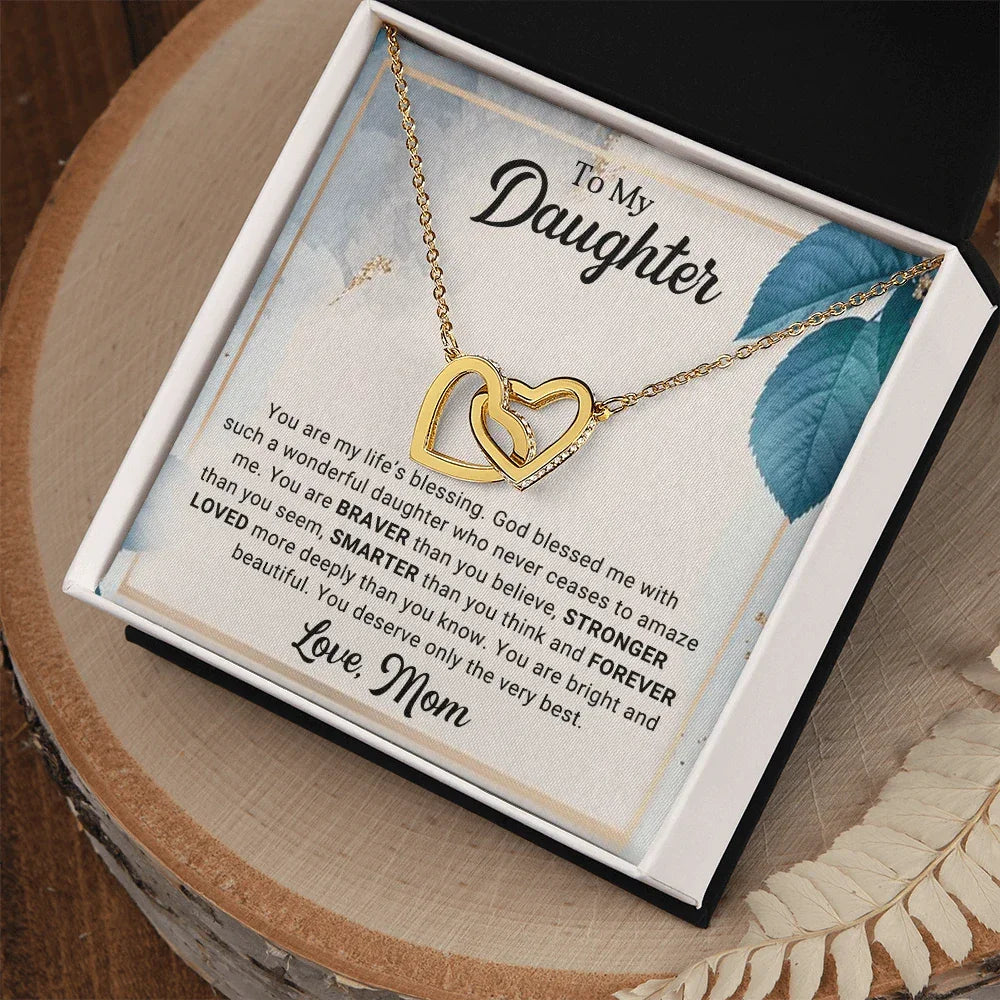 To My Daughter Interlocking Hearts Necklace – Braver, Stronger, Smarter Message from Mom | Faith-Inspired Gift for Birthday or Graduation