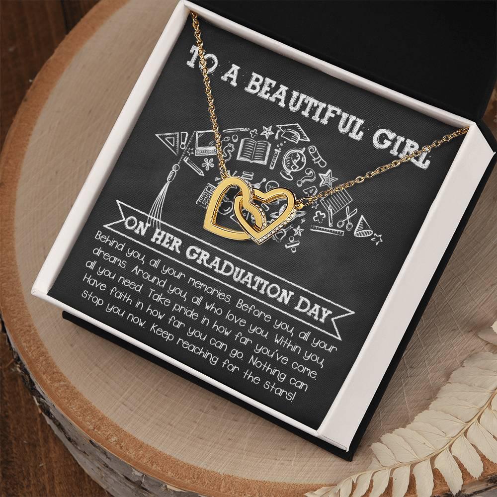 To A Beautiful Girl Graduation Gift Keep Reaching for the Stars Interlocking Hearts Pendant Necklace and Gift Box - Mallard Moon Gift Shop