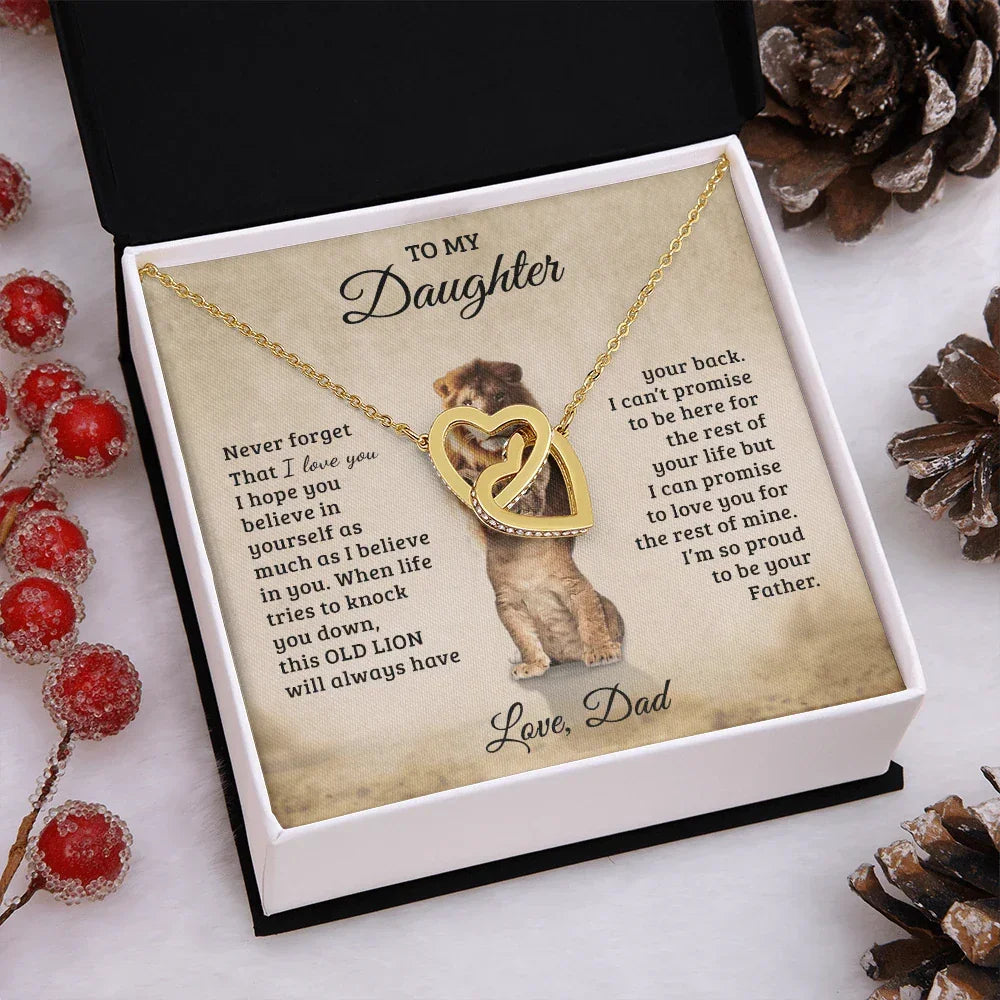 To My Daughter – Interlocking Hearts Necklace Gift from Dad | Old Lion Always Has Your Back | Meaningful Father Daughter Jewelry