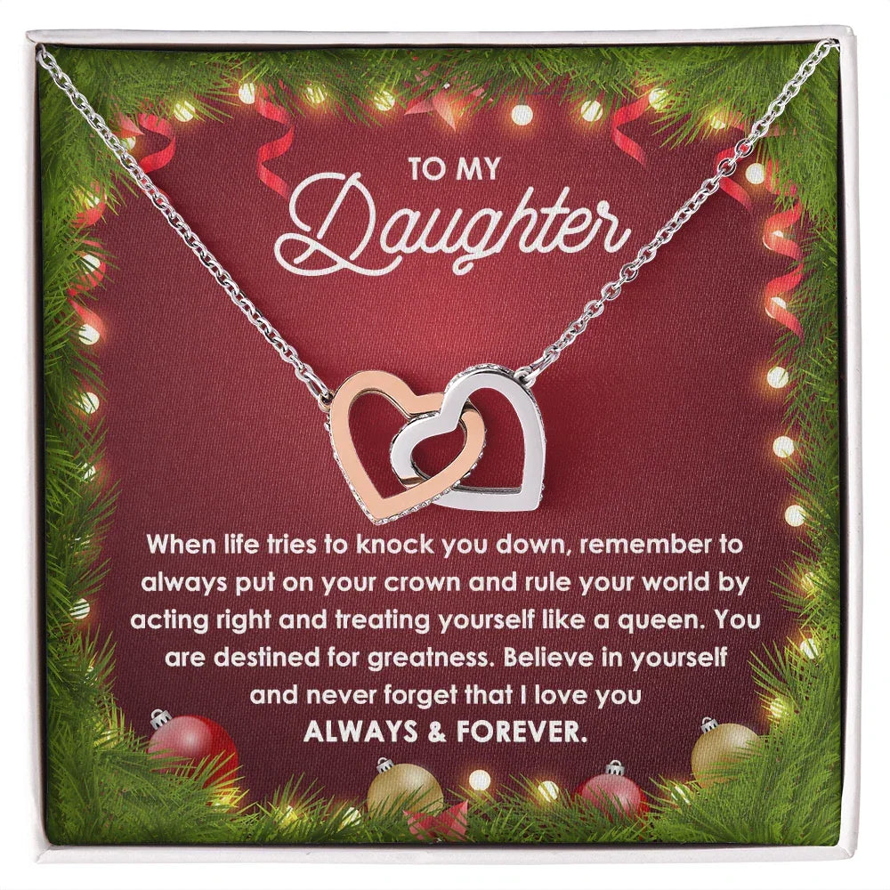 Daughter Gift - You Rule the World - Interlocking Hearts Pendant Necklace Christmas Gift