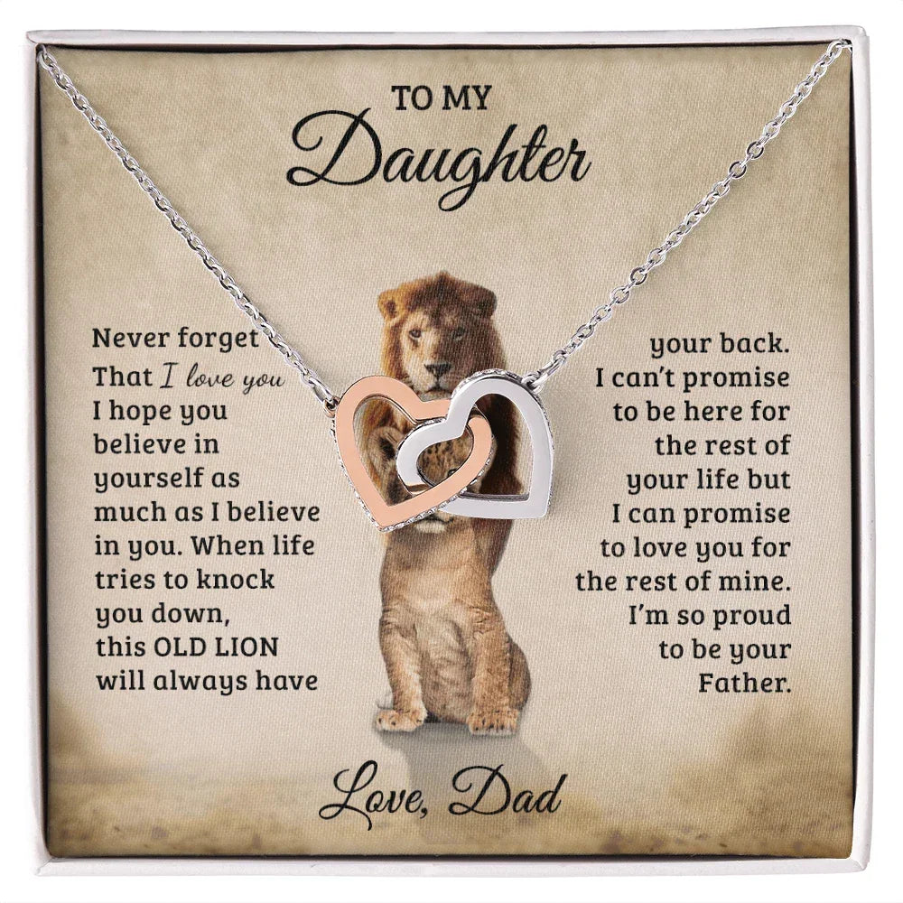 To My Daughter – Interlocking Hearts Necklace Gift from Dad | Old Lion Always Has Your Back | Meaningful Father Daughter Jewelry