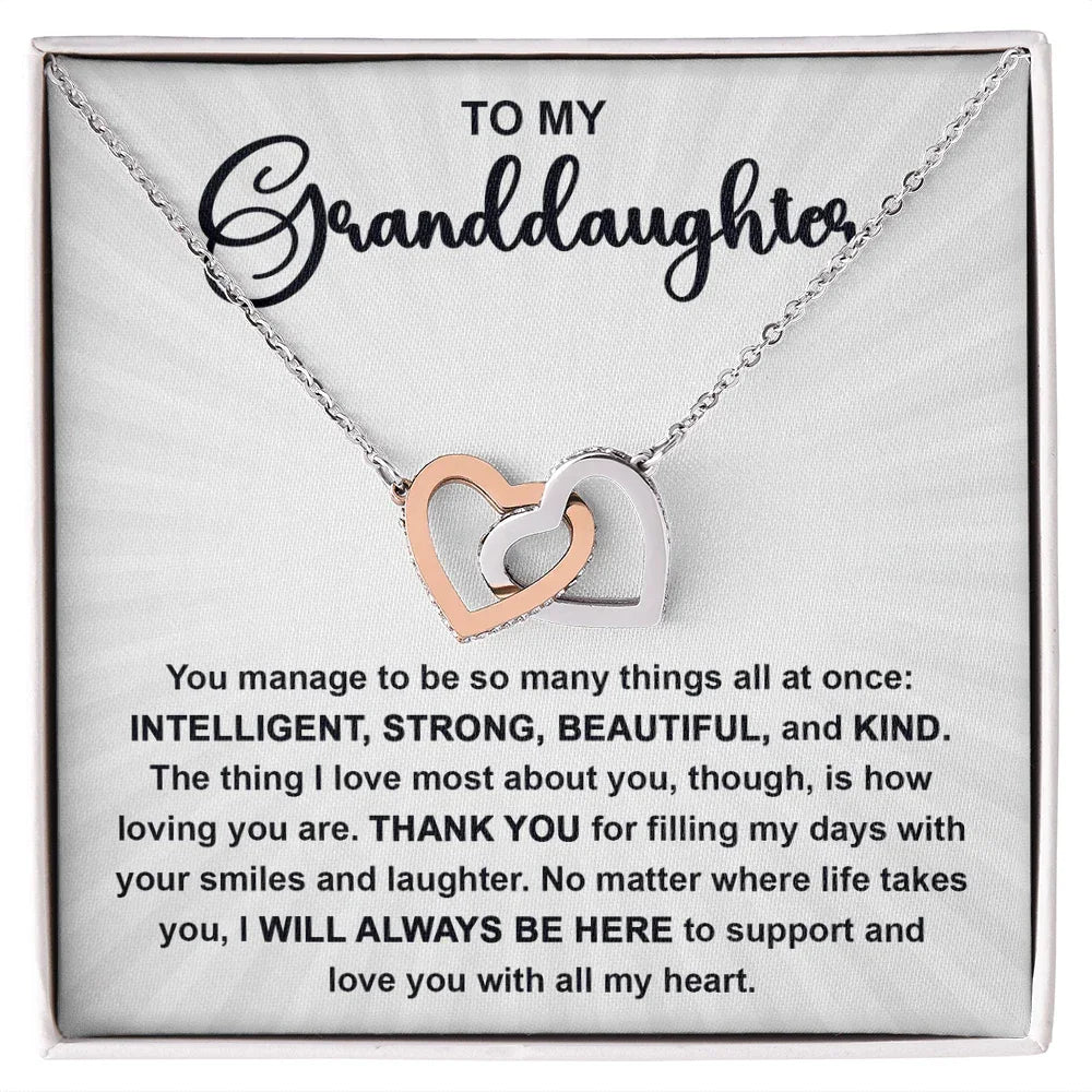 To My Granddaughter Interlocking Hearts Necklace – Intelligent, Strong, Beautiful & Kind Message Card | Heartfelt Gift
