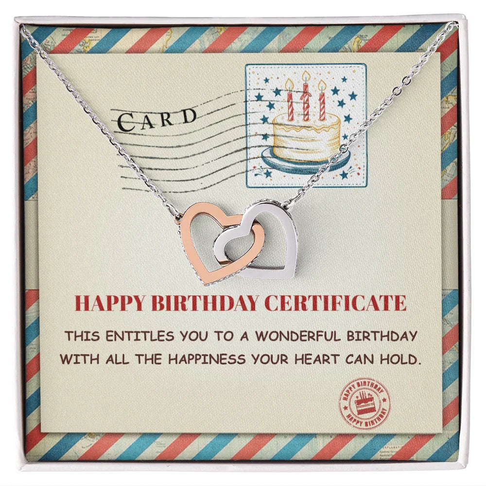 Happy Birthday Personalized Certificate Interlocking Hearts Necklace | Playful Birthday Gift for Her | Fun & Heartfelt Keepsake