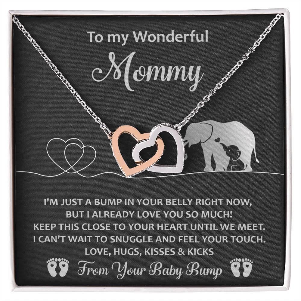 Gift for the Expectant Mom Love, Kisses and Kicks from the Baby Bump Until We Meet Interlocking Hearts Necklace