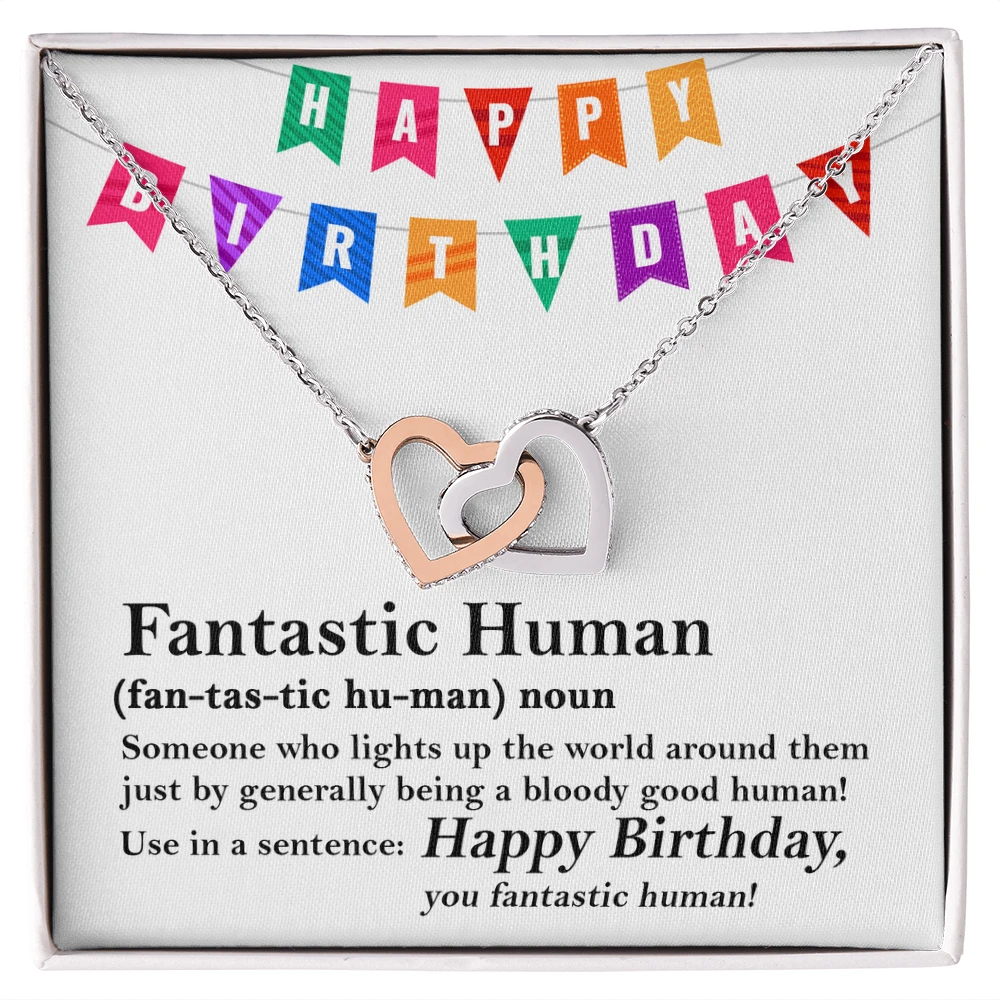 Happy Birthday “Fantastic Human” Interlocking Hearts Necklace | Fun & Heartfelt Birthday Jewelry Gift with Humorous Message Card