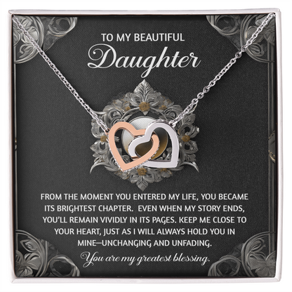 To My Beautiful Daughter - Interlocking Hearts Necklace with Sentimental Message – Birthday, Graduation, Christmas Jewelry – Luxury LED Box Option - Mallard Moon Gift Shop