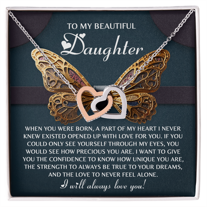 To My Beautiful Daughter- Never Feel Alone - Interlocking Hearts Necklace - Mallard Moon Gift Shop