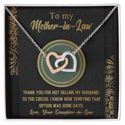 Gift for Mother-in-Law Thank You for Not Selling My Husband to the Circus Cross Interlocking Hearts Necklace - Mallard Moon Gift Shop