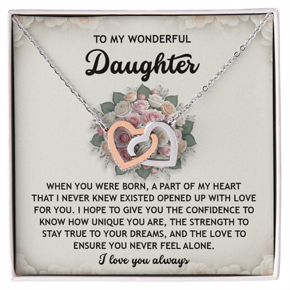 To My Wonderful Daughter -Stay True To Your Dreams- Interlocking Hearts Necklace - Mallard Moon Gift Shop