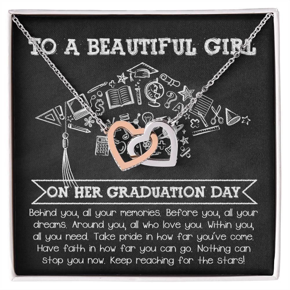 To A Beautiful Girl Graduation Gift Keep Reaching for the Stars Interlocking Hearts Pendant Necklace and Gift Box