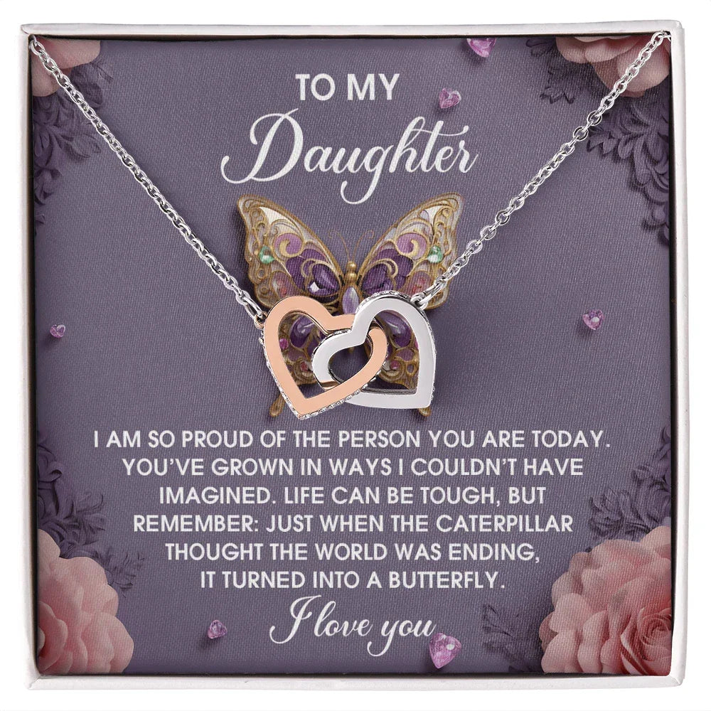 To My Daughter - Interlocking Hearts Necklace – Butterfly Transformation Message – Surgical Steel & Rose Gold Jewelry Gift for Birthday, Graduation, Christmas – Luxury LED Box Option
