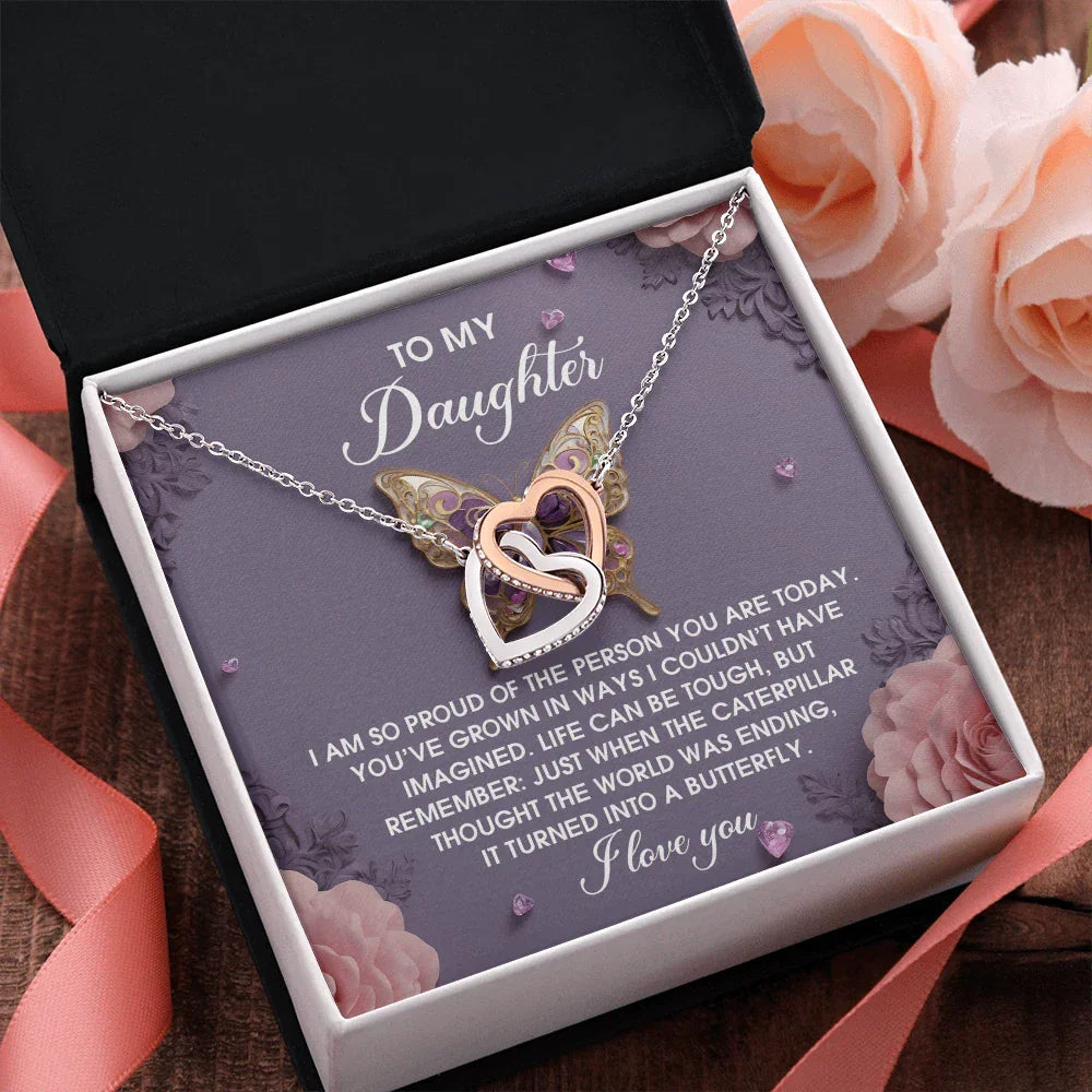 To My Daughter - Interlocking Hearts Necklace – Butterfly Transformation Message – Surgical Steel & Rose Gold Jewelry Gift for Birthday, Graduation, Christmas – Luxury LED Box Option