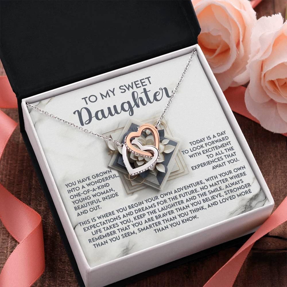 To My Sweet Daughter - Begin Your Adventure - Interlocking Hearts Necklace – Inspirational Gift for Confidence & Strength