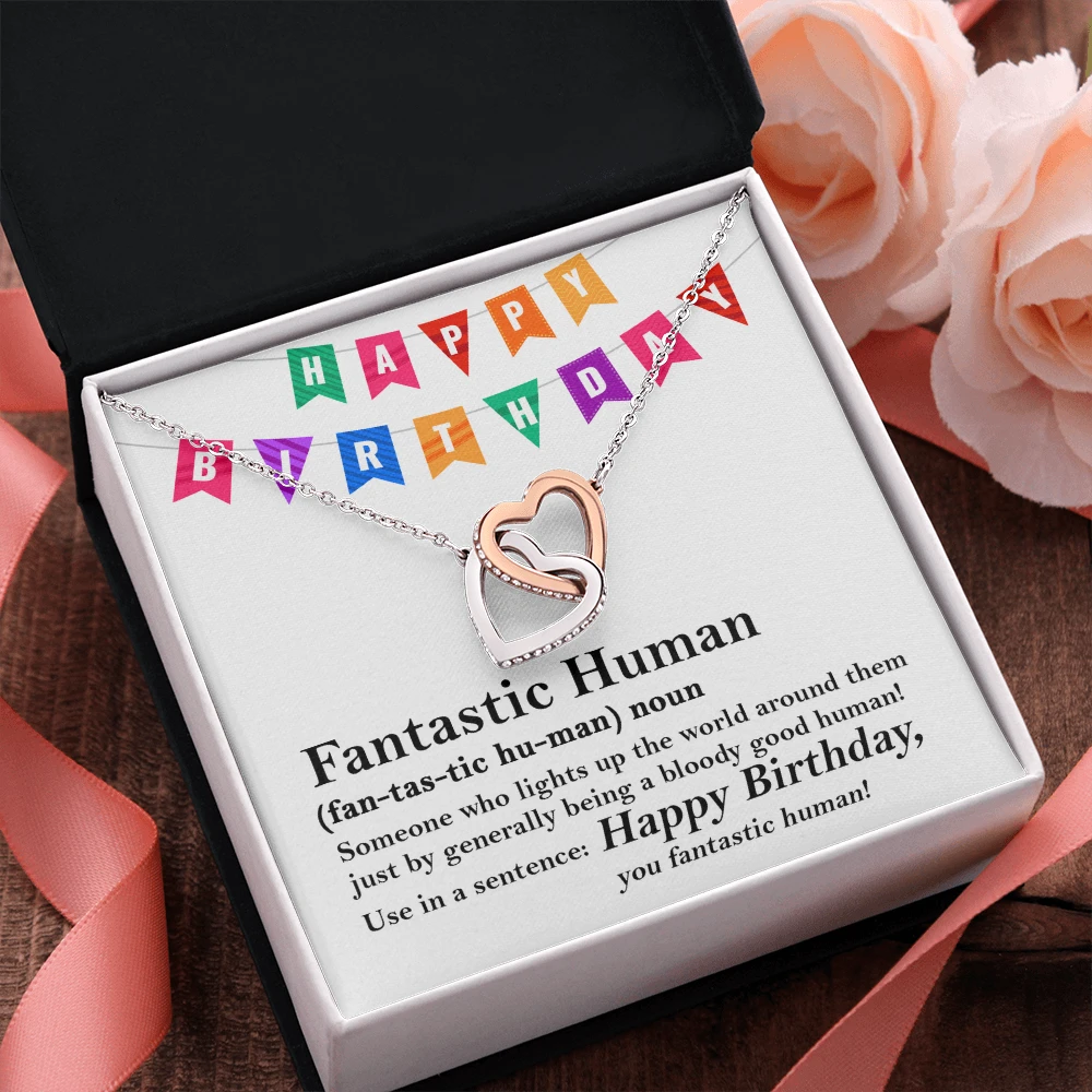 Happy Birthday “Fantastic Human” Interlocking Hearts Necklace | Fun & Heartfelt Birthday Jewelry Gift with Humorous Message Card