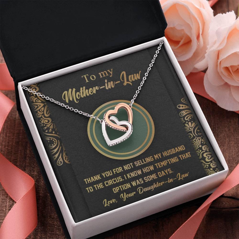 Gift for Mother-in-Law Thank You for Not Selling My Husband to the Circus Cross Interlocking Hearts Necklace - Mallard Moon Gift Shop
