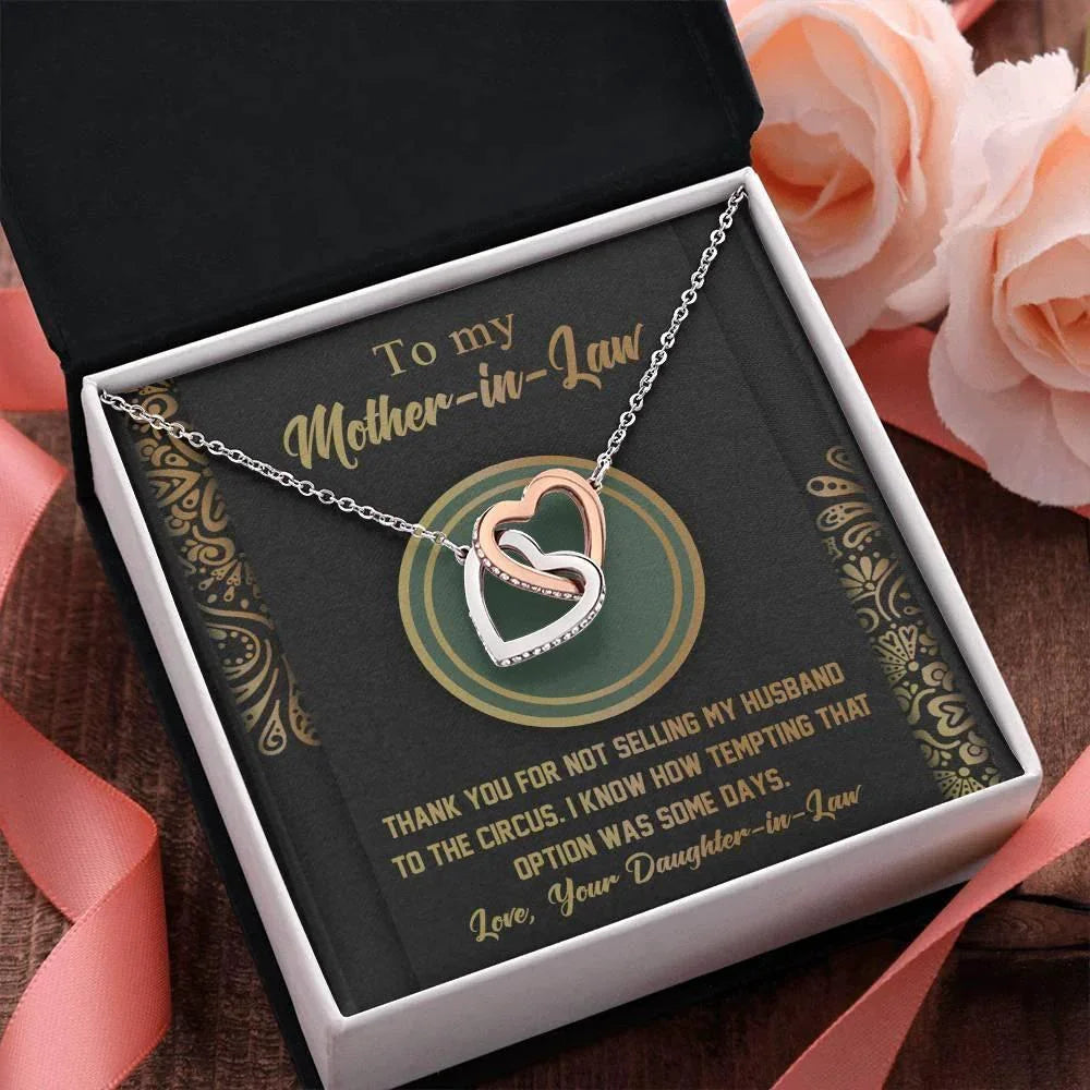 Gift for Mother-in-Law Thank You for Not Selling My Husband to the Circus Cross Interlocking Hearts Necklace