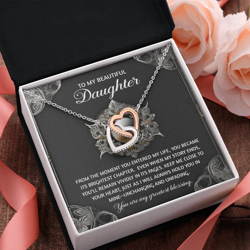 To My Beautiful Daughter - Interlocking Hearts Necklace with Sentimental Message – Birthday, Graduation, Christmas Jewelry – Luxury LED Box Option