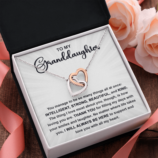 To My Granddaughter Interlocking Hearts Necklace – Intelligent, Strong, Beautiful & Kind Message Card | Heartfelt Gift from Grandma or Grandpa
