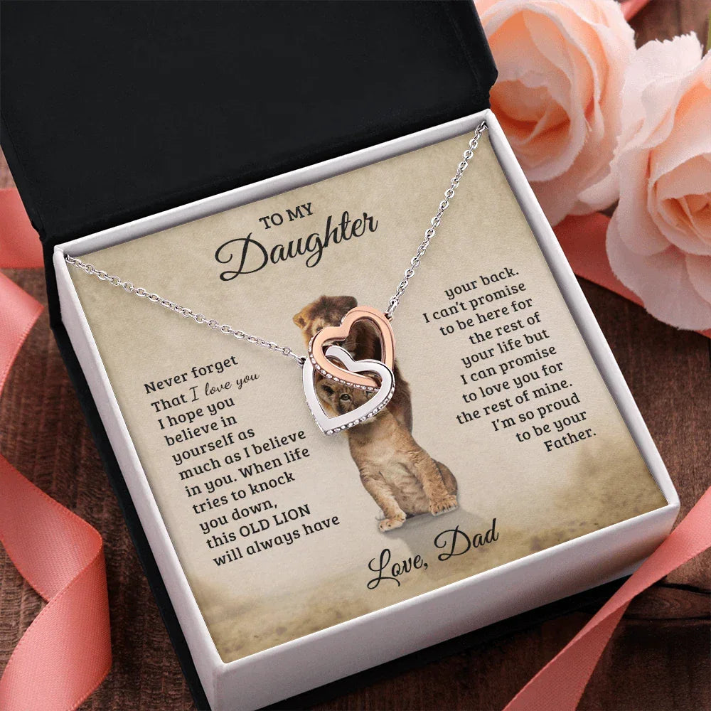 To My Daughter – Interlocking Hearts Necklace Gift from Dad | Old Lion Always Has Your Back | Meaningful Father Daughter Jewelry