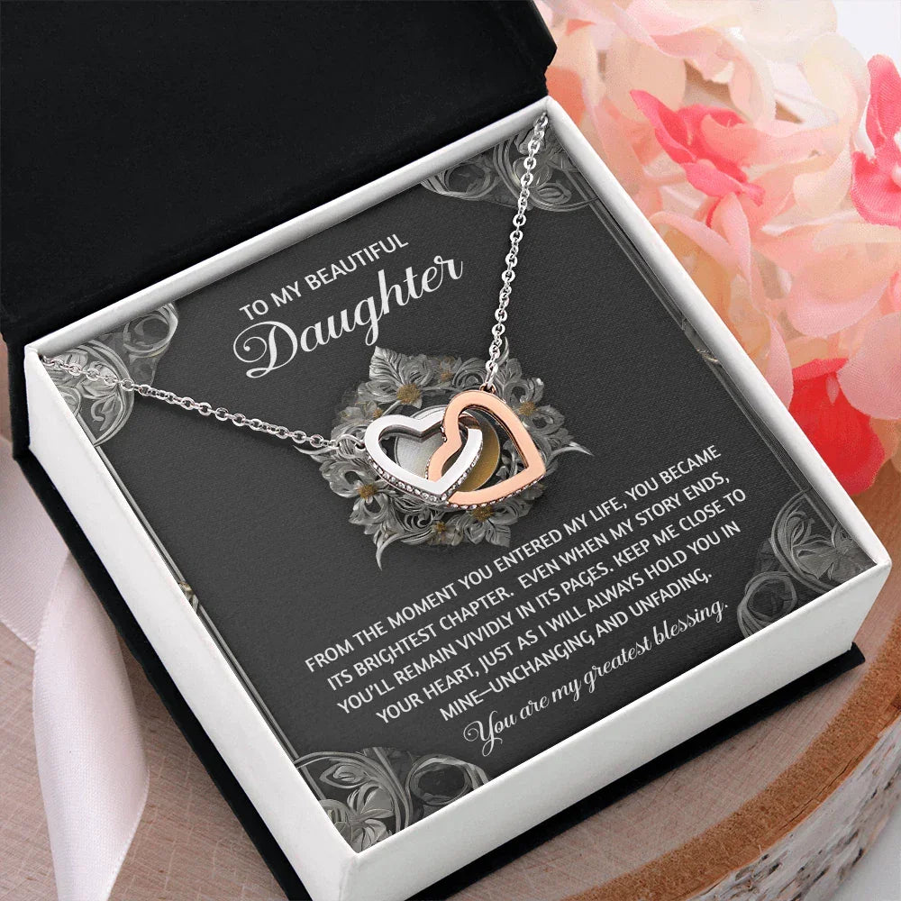 To My Beautiful Daughter - Interlocking Hearts Necklace with Sentimental Message – Birthday, Graduation, Christmas Jewelry – Luxury LED Box Option
