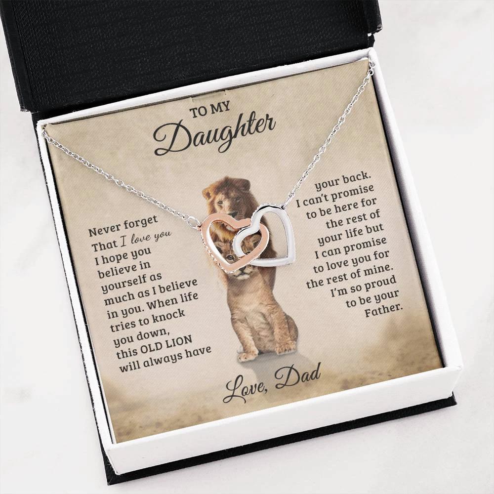 To My Daughter – Interlocking Hearts Necklace Gift from Dad | Old Lion Always Has Your Back | Meaningful Father Daughter Jewelry