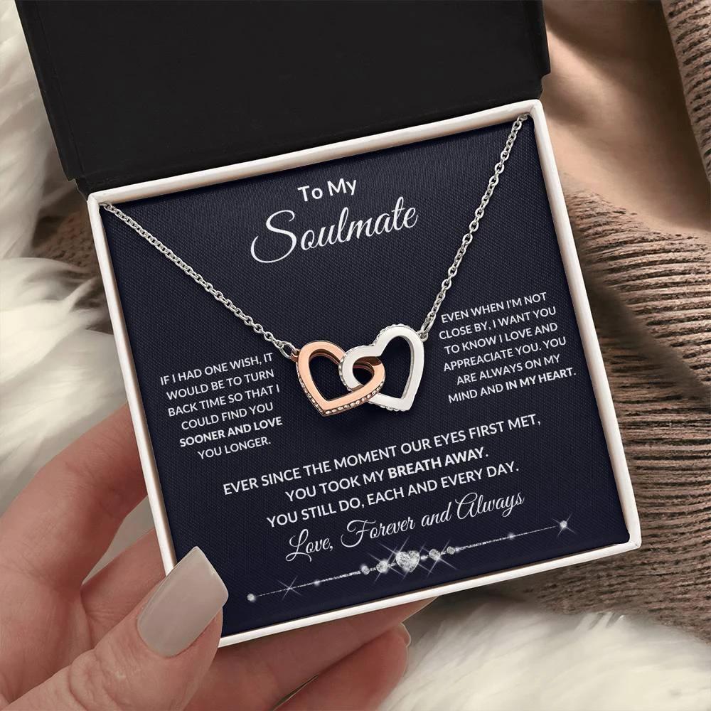 To My Soulmate You Took My Breath Away Interlocking Hearts Pendant Necklace