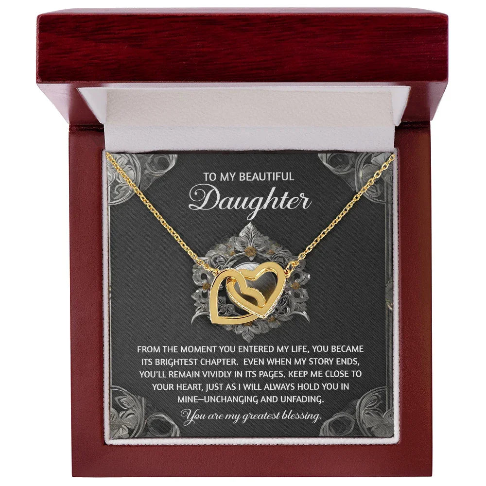 To My Beautiful Daughter - Interlocking Hearts Necklace with Sentimental Message – Birthday, Graduation, Christmas Jewelry – Luxury LED Box Option