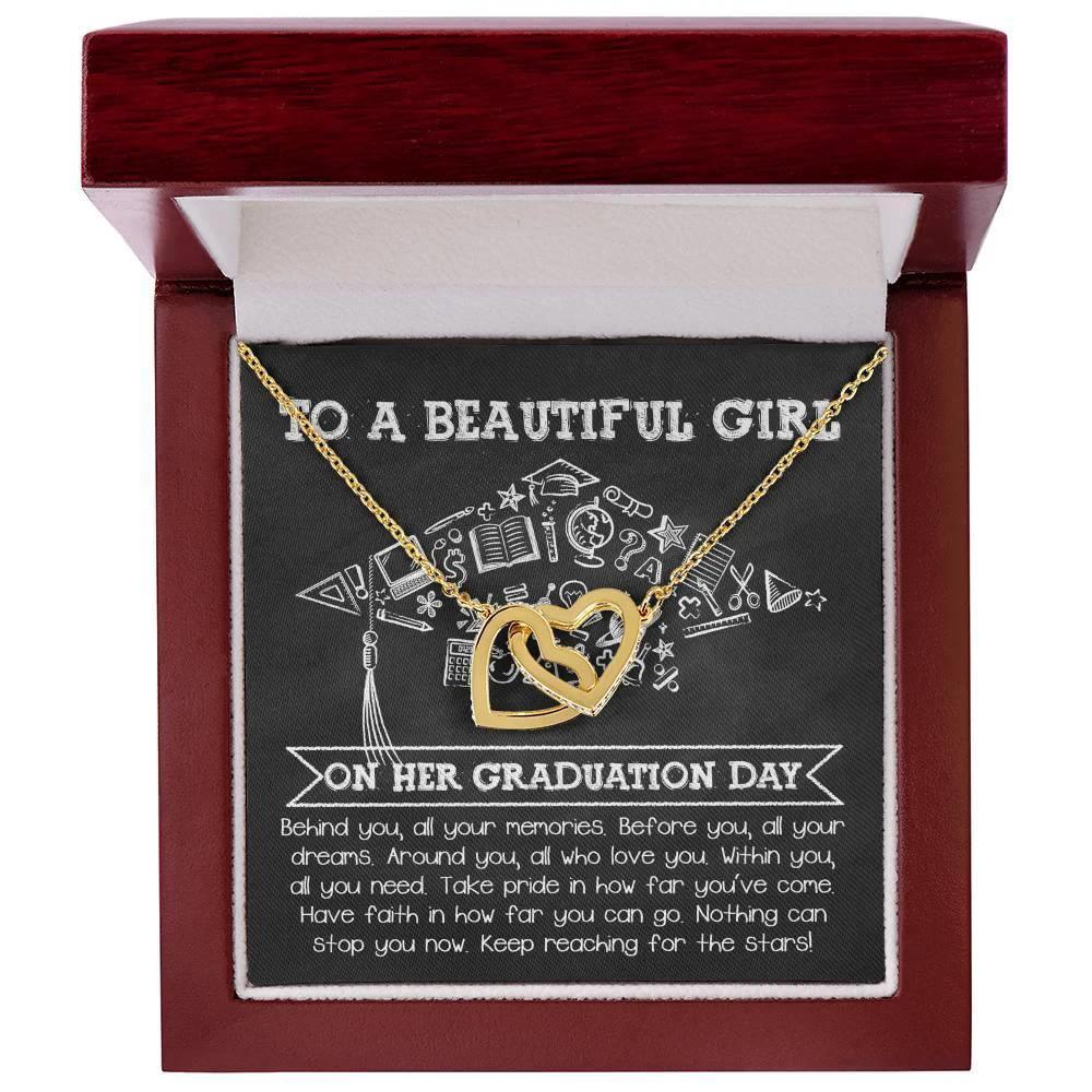 To A Beautiful Girl Graduation Gift Keep Reaching for the Stars Interlocking Hearts Pendant Necklace and Gift Box