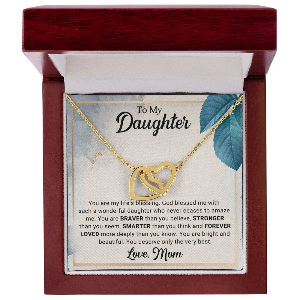 To My Daughter Interlocking Hearts Necklace – Braver, Stronger, Smarter Message from Mom | Faith-Inspired Gift for Birthday or Graduation