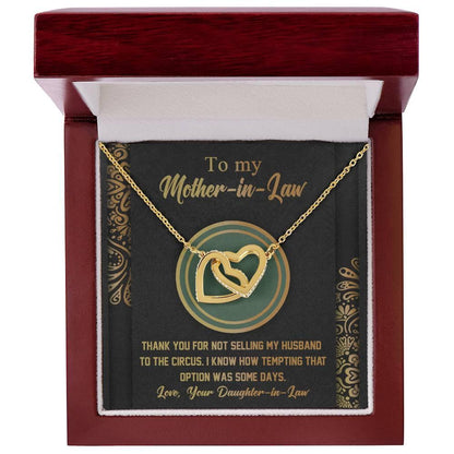 Gift for Mother-in-Law Thank You for Not Selling My Husband to the Circus Cross Interlocking Hearts Necklace - Mallard Moon Gift Shop