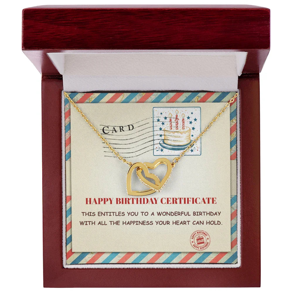 Happy Birthday Personalized Certificate Interlocking Hearts Necklace | Playful Birthday Gift for Her | Fun & Heartfelt Keepsake