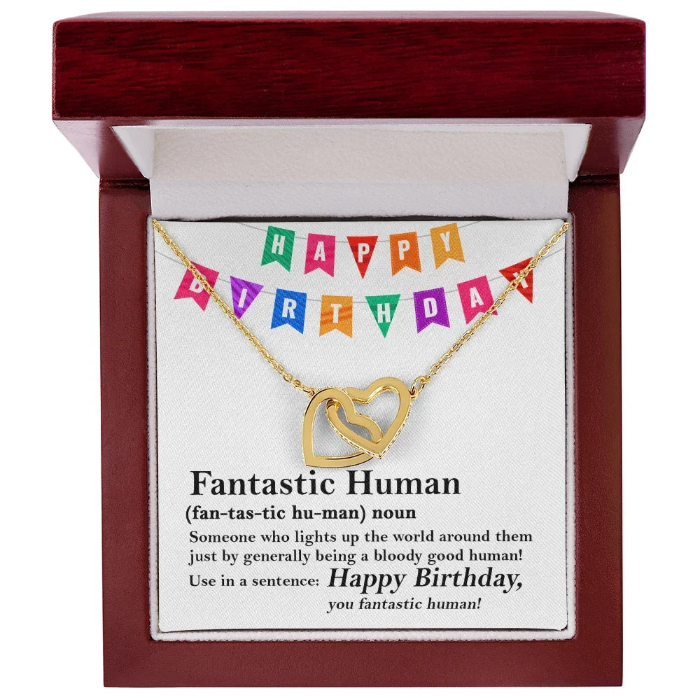 Happy Birthday “Fantastic Human” Interlocking Hearts Necklace | Fun & Heartfelt Birthday Jewelry Gift with Humorous Message Card