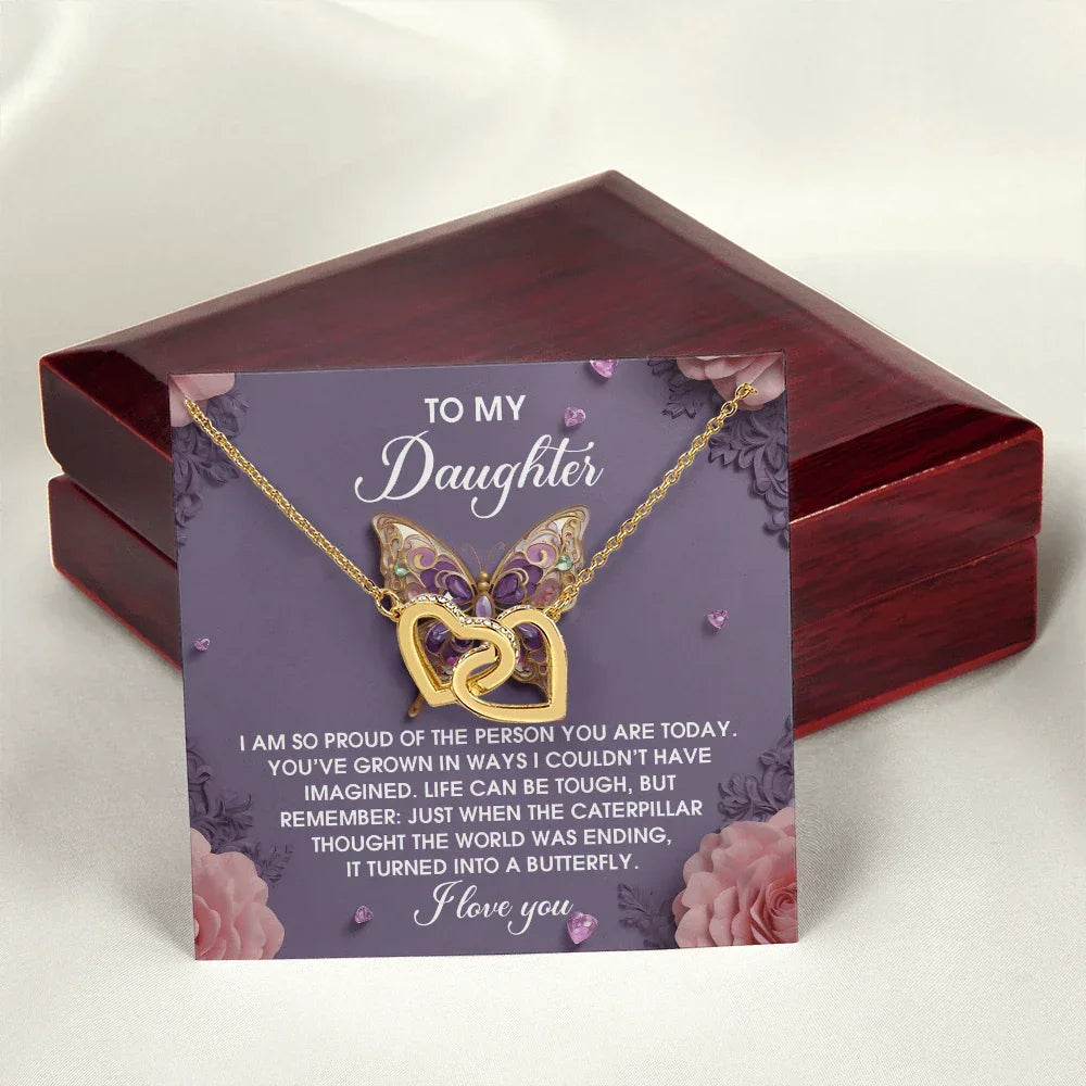 To My Daughter - Interlocking Hearts Necklace – Butterfly Transformation Message – Surgical Steel & Rose Gold Jewelry Gift for Birthday, Graduation, Christmas – Luxury LED Box Option