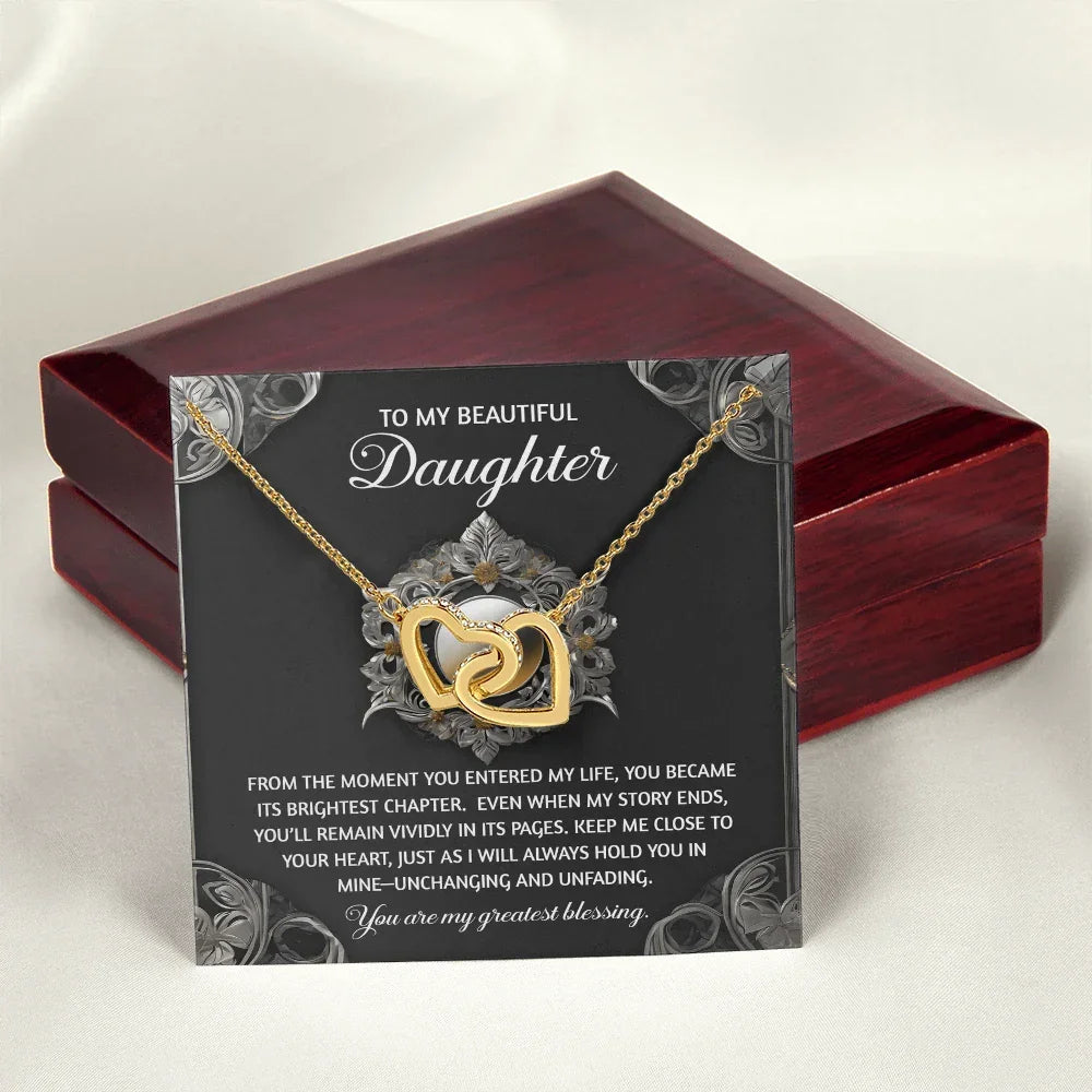 To My Beautiful Daughter - Interlocking Hearts Necklace with Sentimental Message – Birthday, Graduation, Christmas Jewelry – Luxury LED Box Option